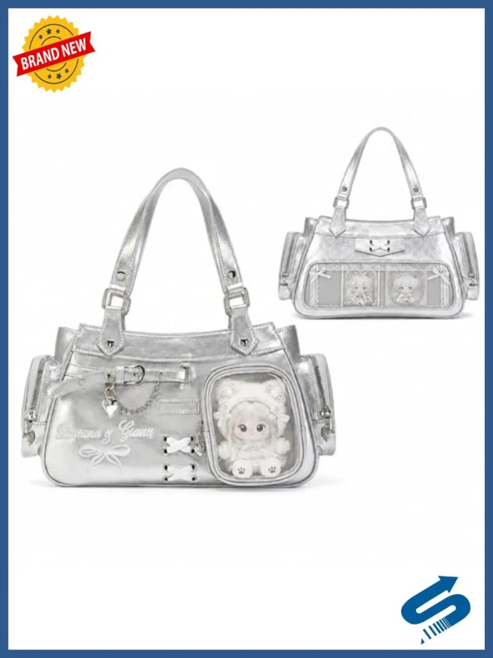 Double-Sided Ita Bag with Transparent Display Compartments, Crossbody Tote for